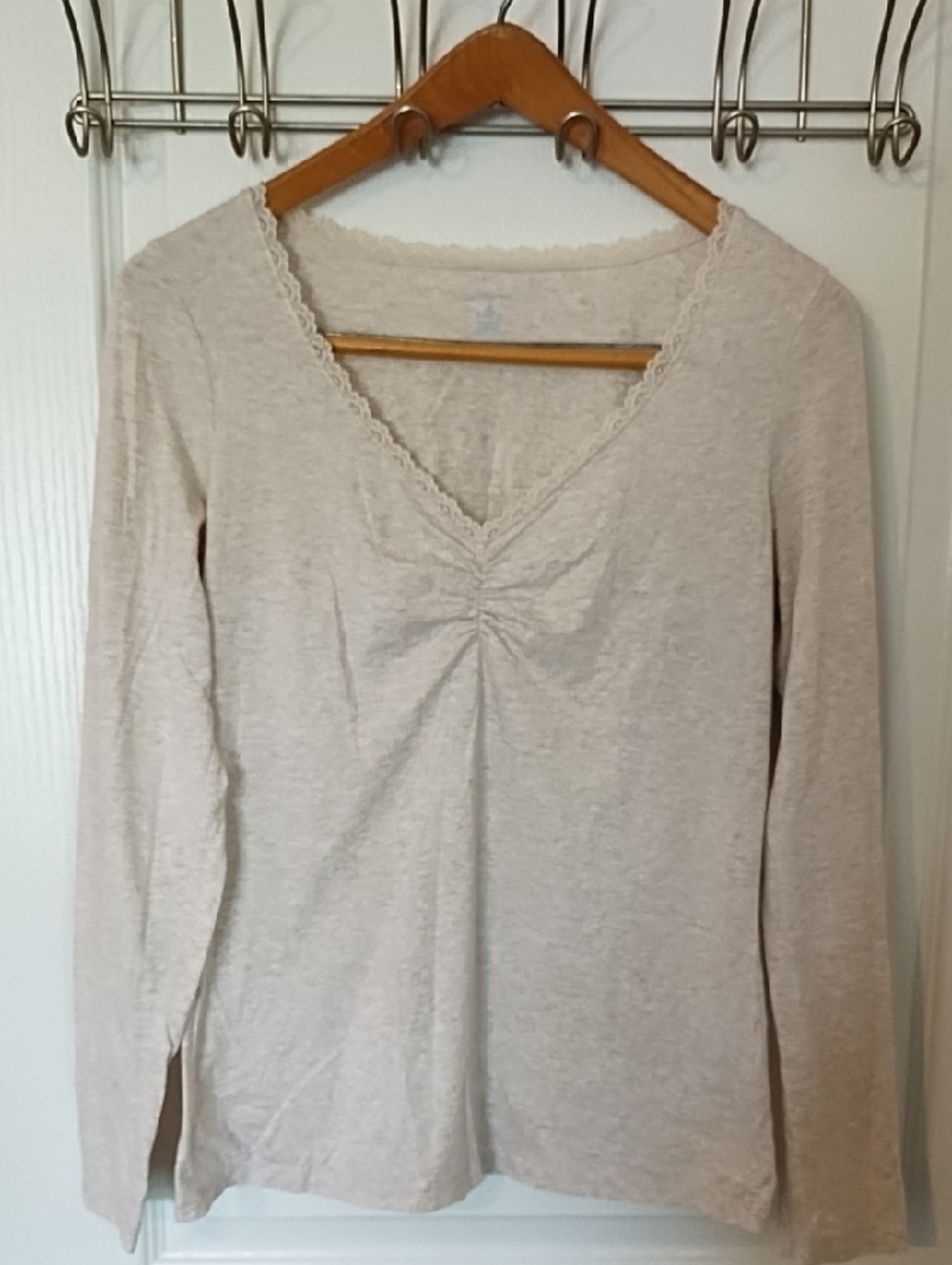 Land's End Womens Oatmeal Heather Lace Trim Cinched Knit Top 418404 Size M 10 12